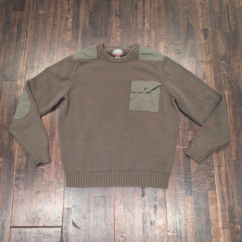 St Johns Bay Outdoor‎ Sweater Mens Large Green Cotton Blend Yoke Sleeve Crewneck